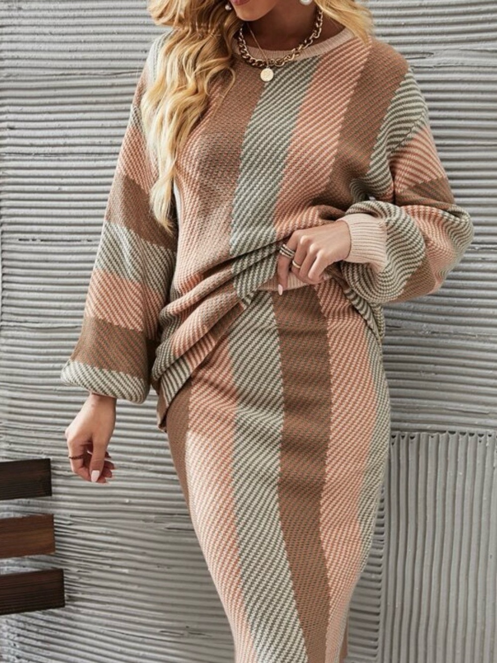 SHEIN Striped Knit Pencil Skirt and sweater in Taupe, Sage & Blush